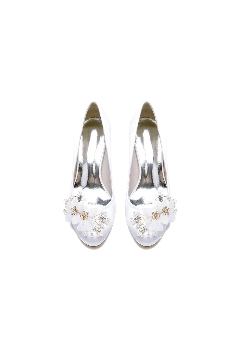 Rhinestone White Chunky Heels with Flower