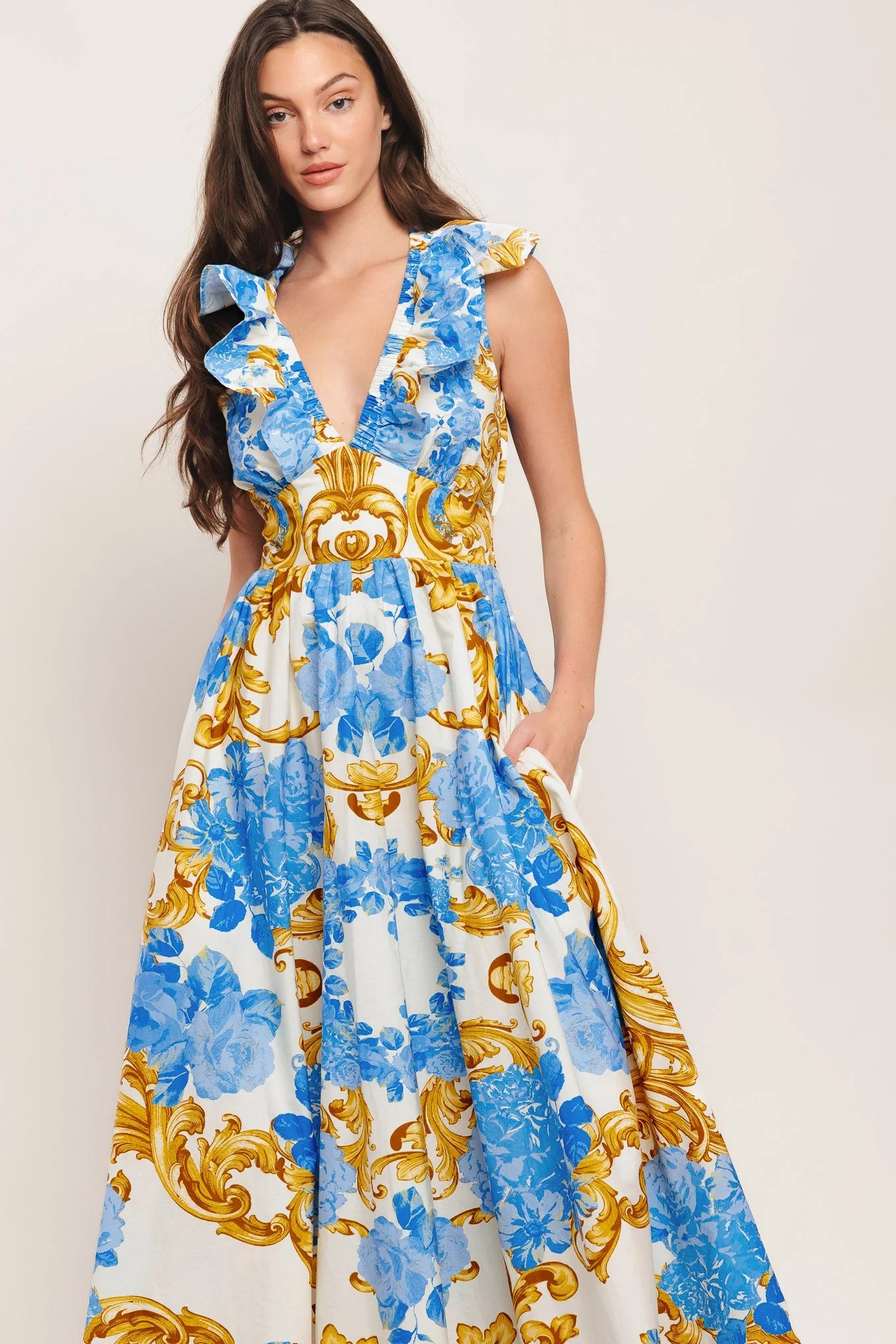 BAROQUE BLOOM BLUE MIDI DRESS