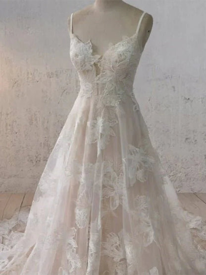 Boho White A Line Lace Appliques Wedding Dress
