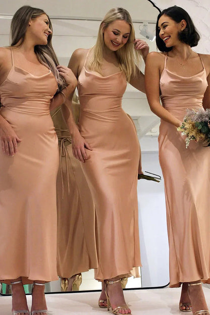 Dusty Rose Satin Sheath Lace Up Back Bridesmaid Dress
