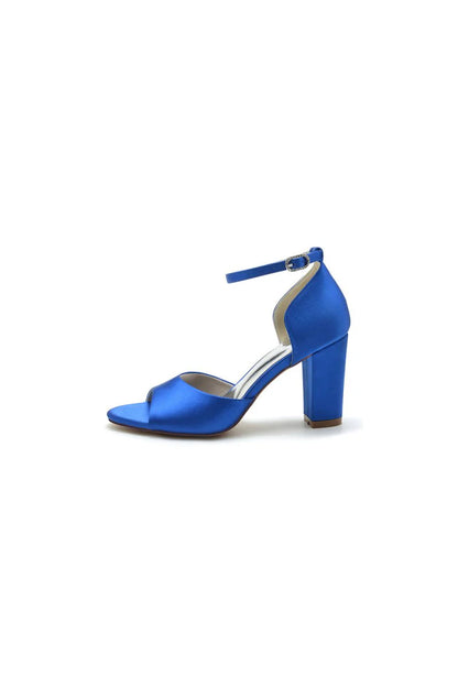 Simple Open Toe Ankle Strap Satin Chunky Heels