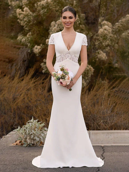 Modest Simple Sheath Short Sleeve Empire Floor Length Sweep Train Chiffon V neck Wedding Dress