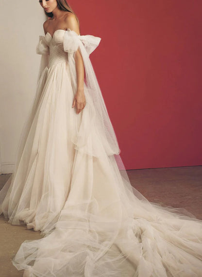 Beach Pleated Tulle Off The Shoulder A Line Wedding Dresses With Slit