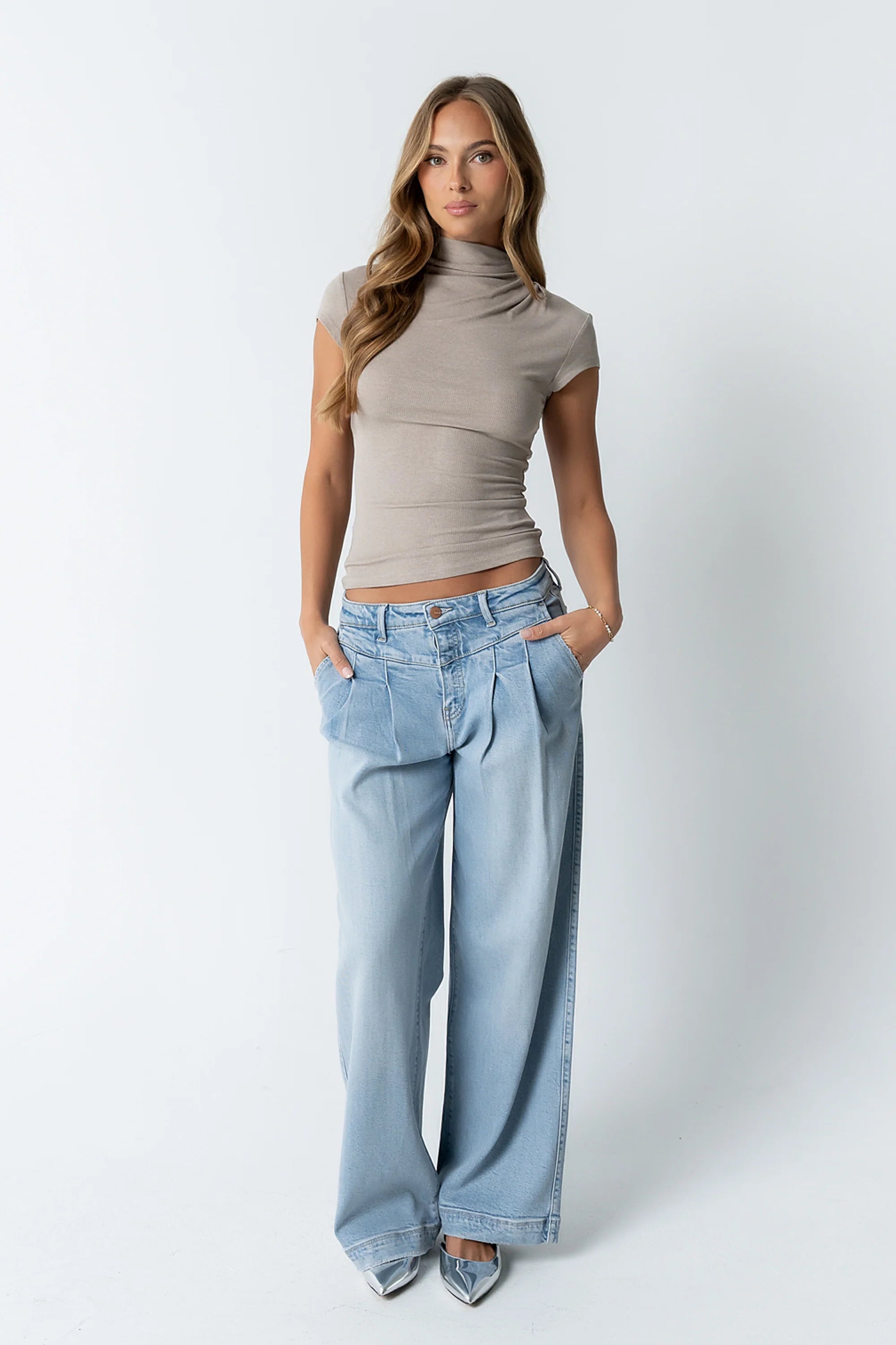 Kara Mock Neck Top in Taupe