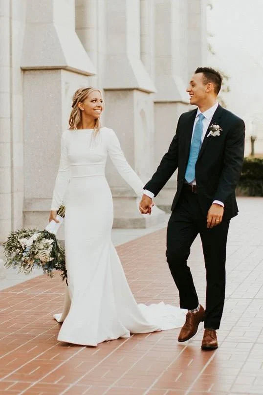 Modest Long Sleeve Satin Wedding Dress With Sweep Train