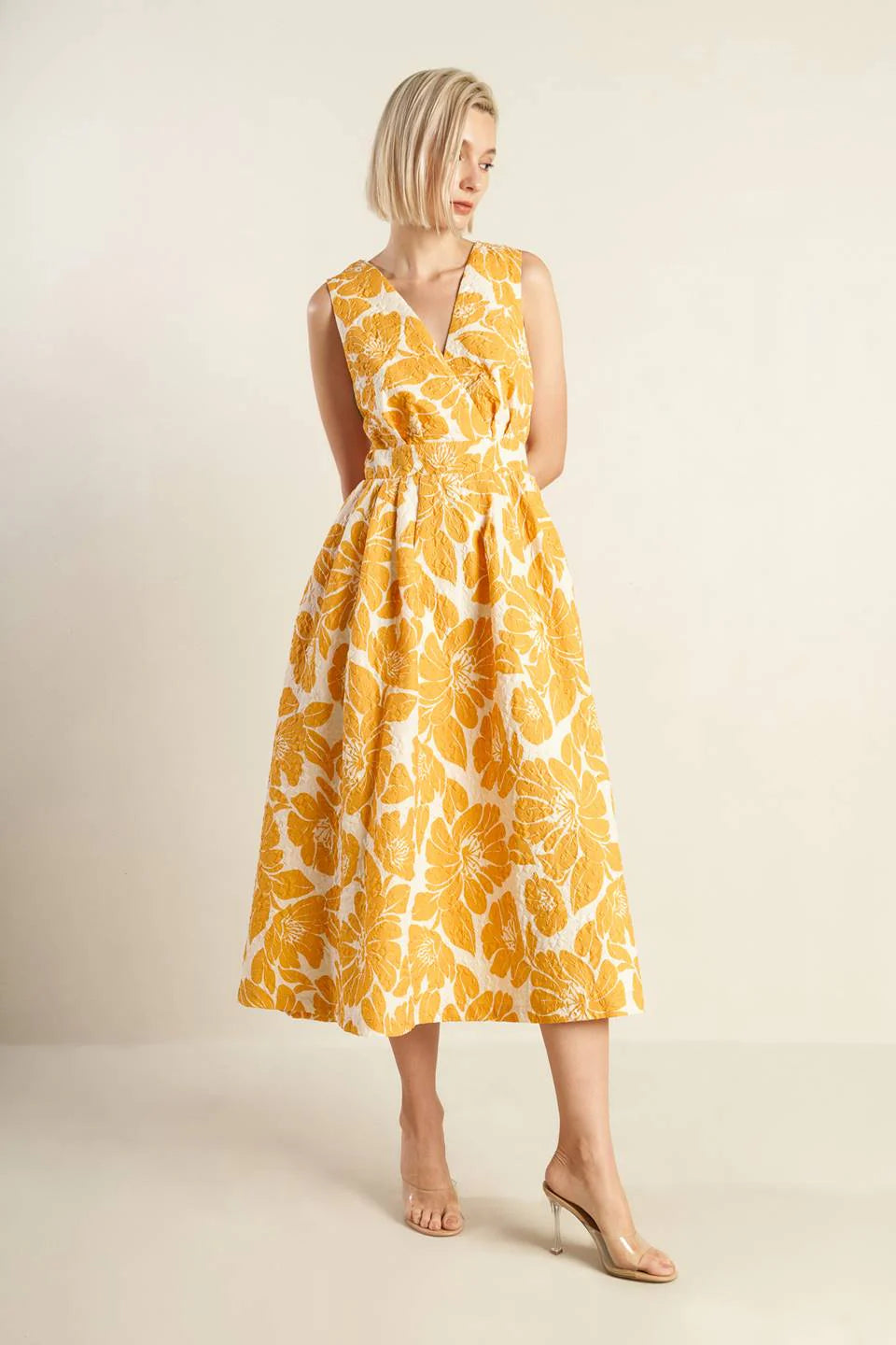 BOLD BLOOMS MUSTARD YELLOW MIDI DRESS