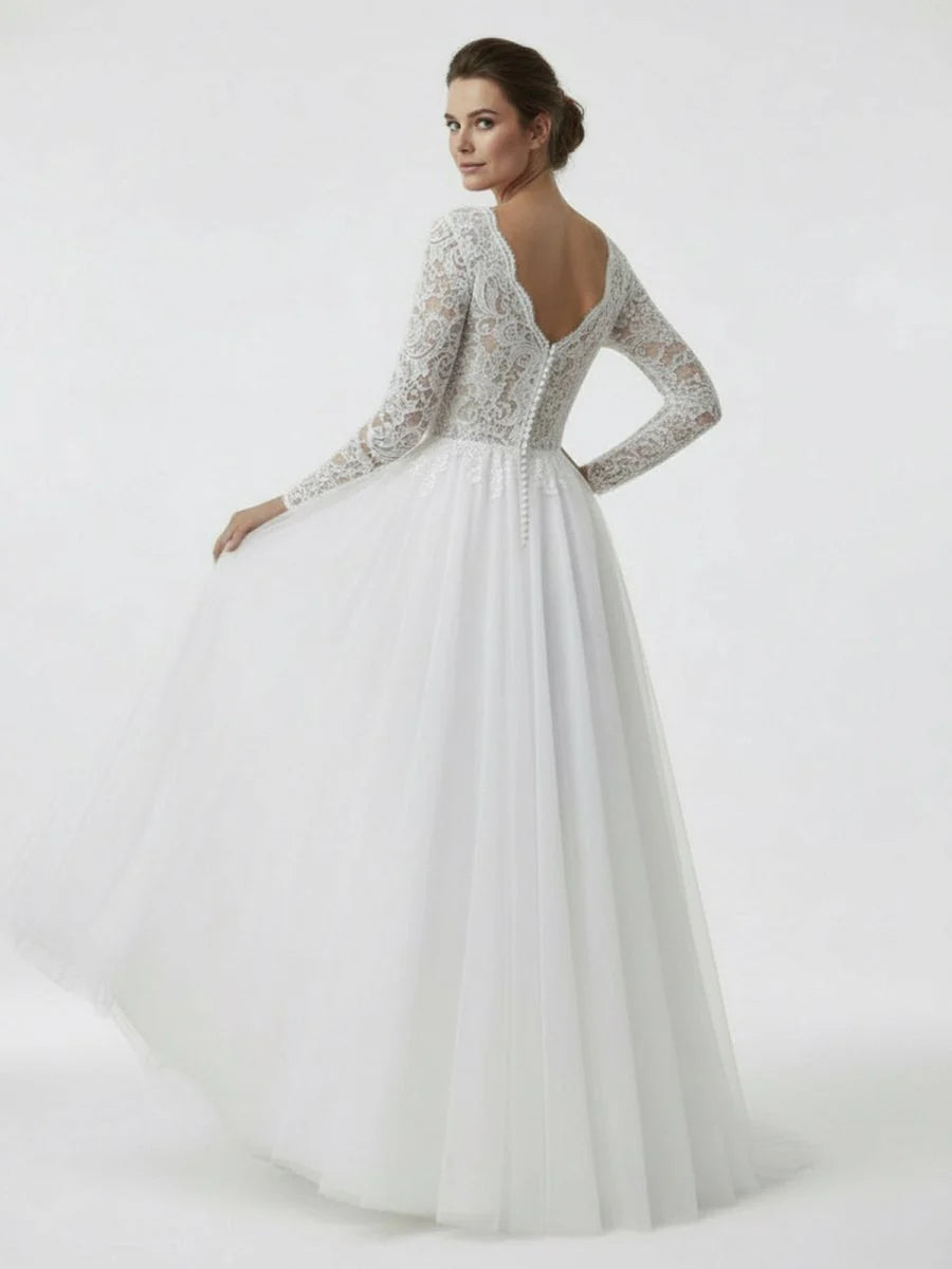 Bohemian Long Sleeves Lace Button Back A Line Modest Wedding Dresses