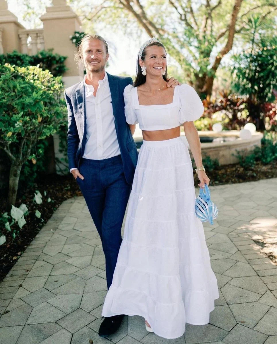 A Line Two Piece Square Neck Satin Long Wedding Dresses