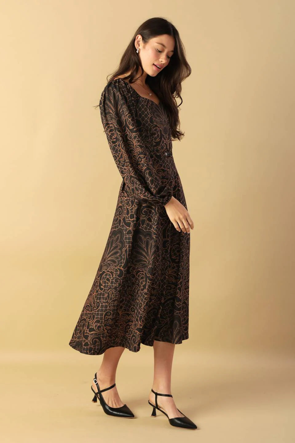 RUSTIC ALLURE BROWN MIDI DRESS