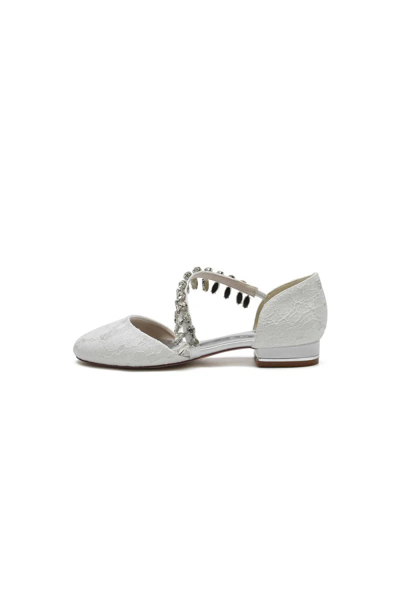 Crystal Strap Lace Round Toe Flats