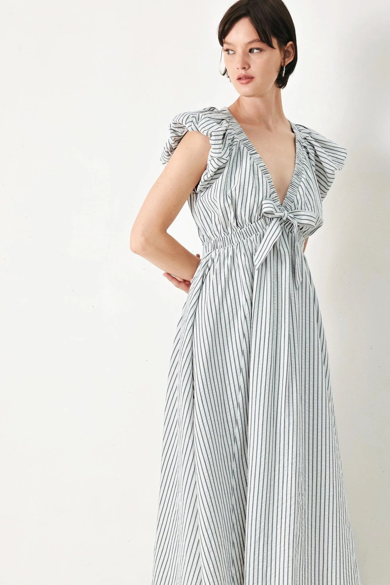 WHISPER STRIPE EMPIRE WAIST MIDI DRESS