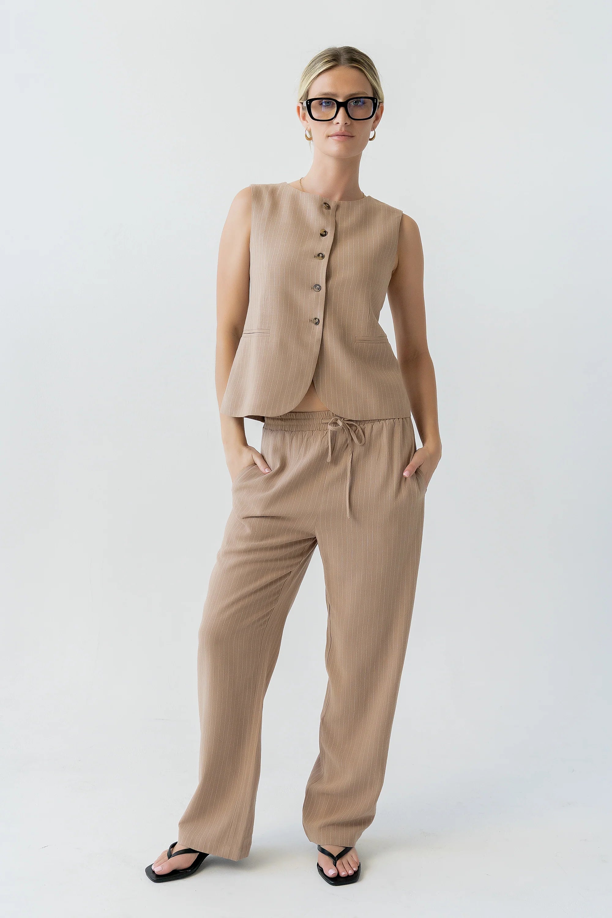 Vivienne Pinstripe Wide Leg Pants in Tan
