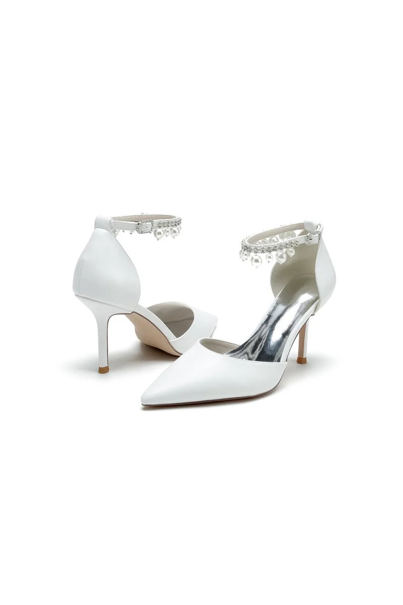 Satin Pointed Toe Pearl Beaded Ankle Strap Simple Wedding Shoes