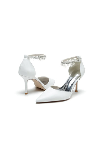 Satin Pointed Toe Pearl Beaded Ankle Strap Simple Wedding Shoes