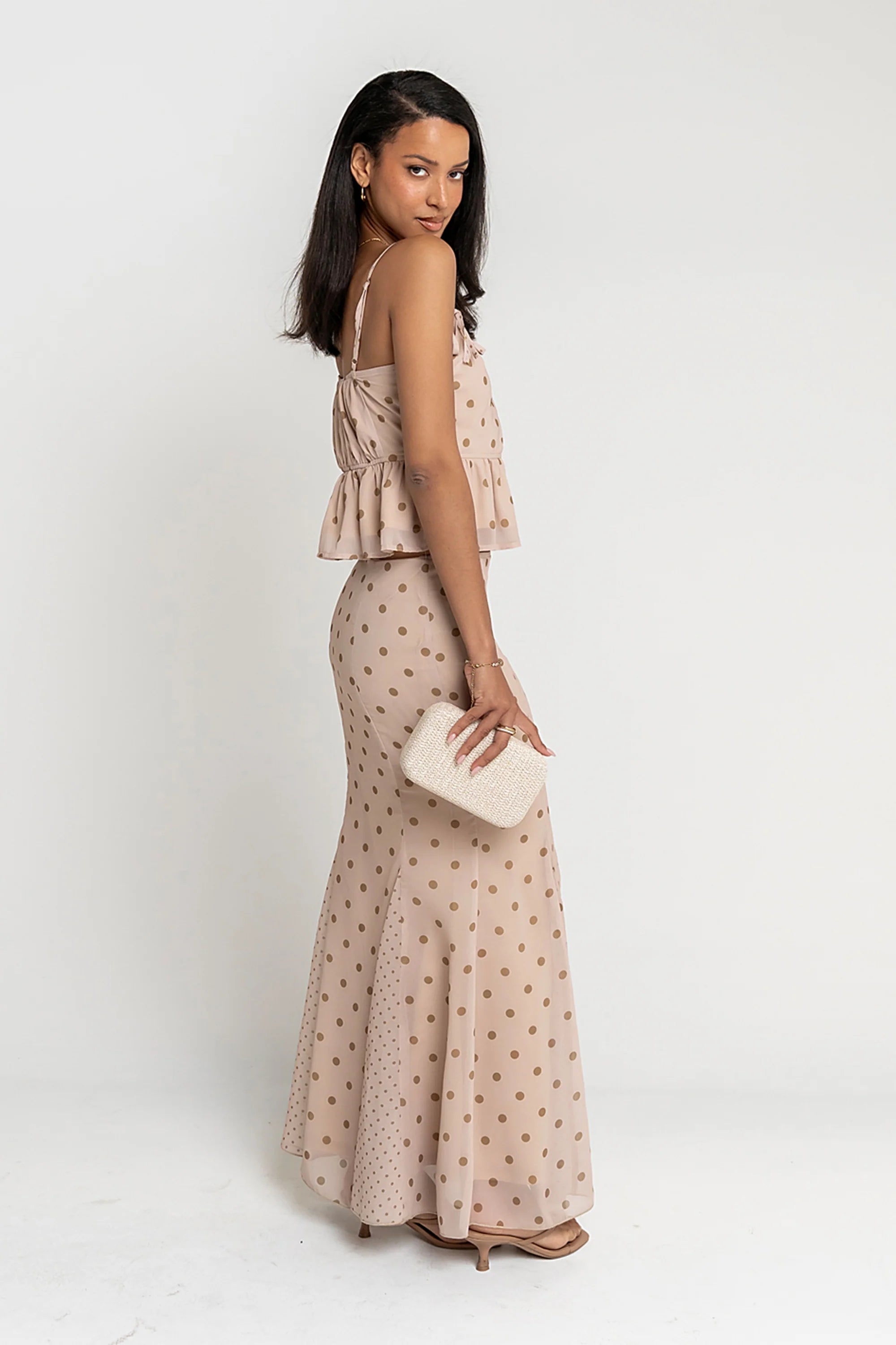 Freida Polka Dot Maxi Skirt in Taupe