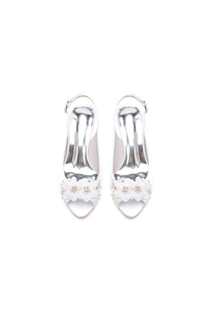Peep Toe Slingback Beaded Chunky Wedding Shoes with Flowers