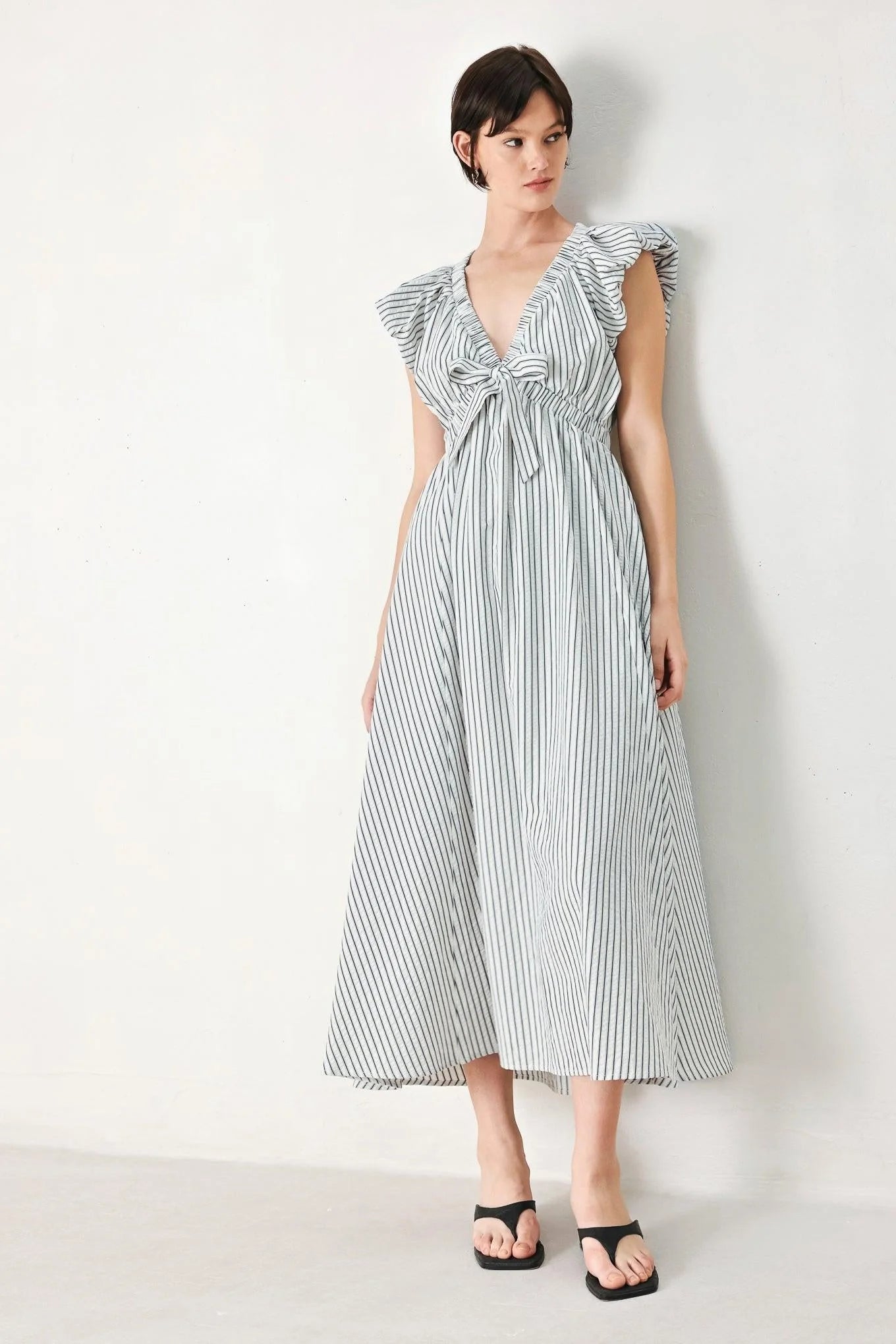 WHISPER STRIPE EMPIRE WAIST MIDI DRESS