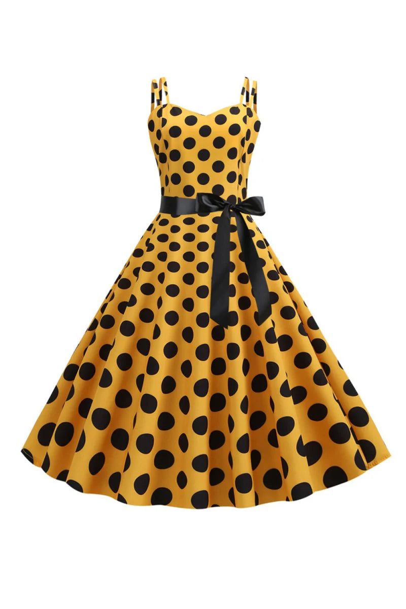 Pink Polka Dots Spaghetti Straps 1950s Dress With Bow
