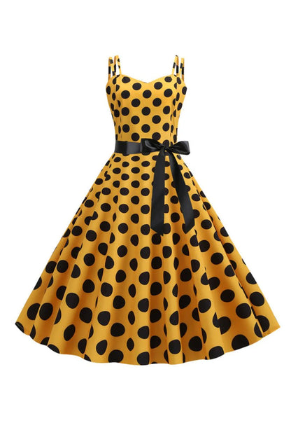 Pink Polka Dots Spaghetti Straps 1950s Dress With Bow