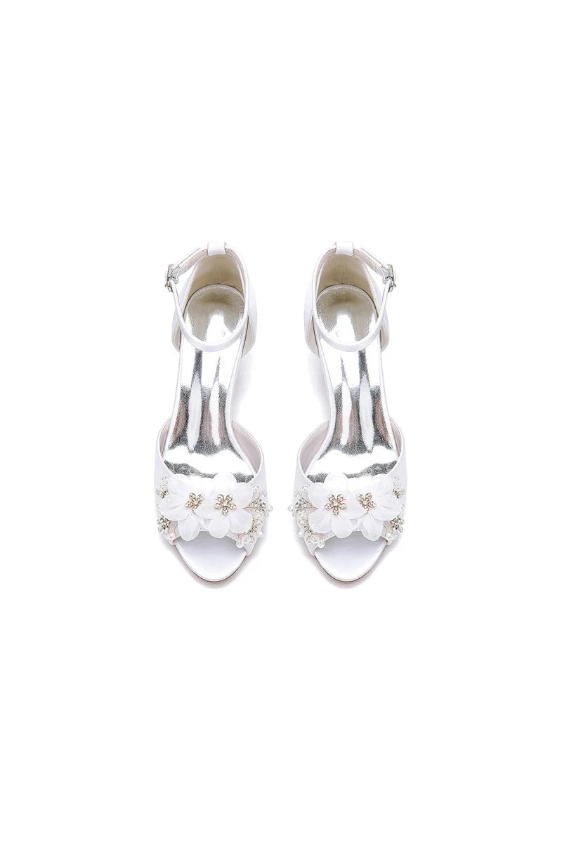 Peep Toe Rhinestone Chunky Heel Pumps with Flower