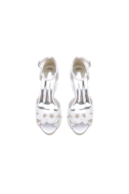 Peep Toe Rhinestone Chunky Heel Pumps with Flower