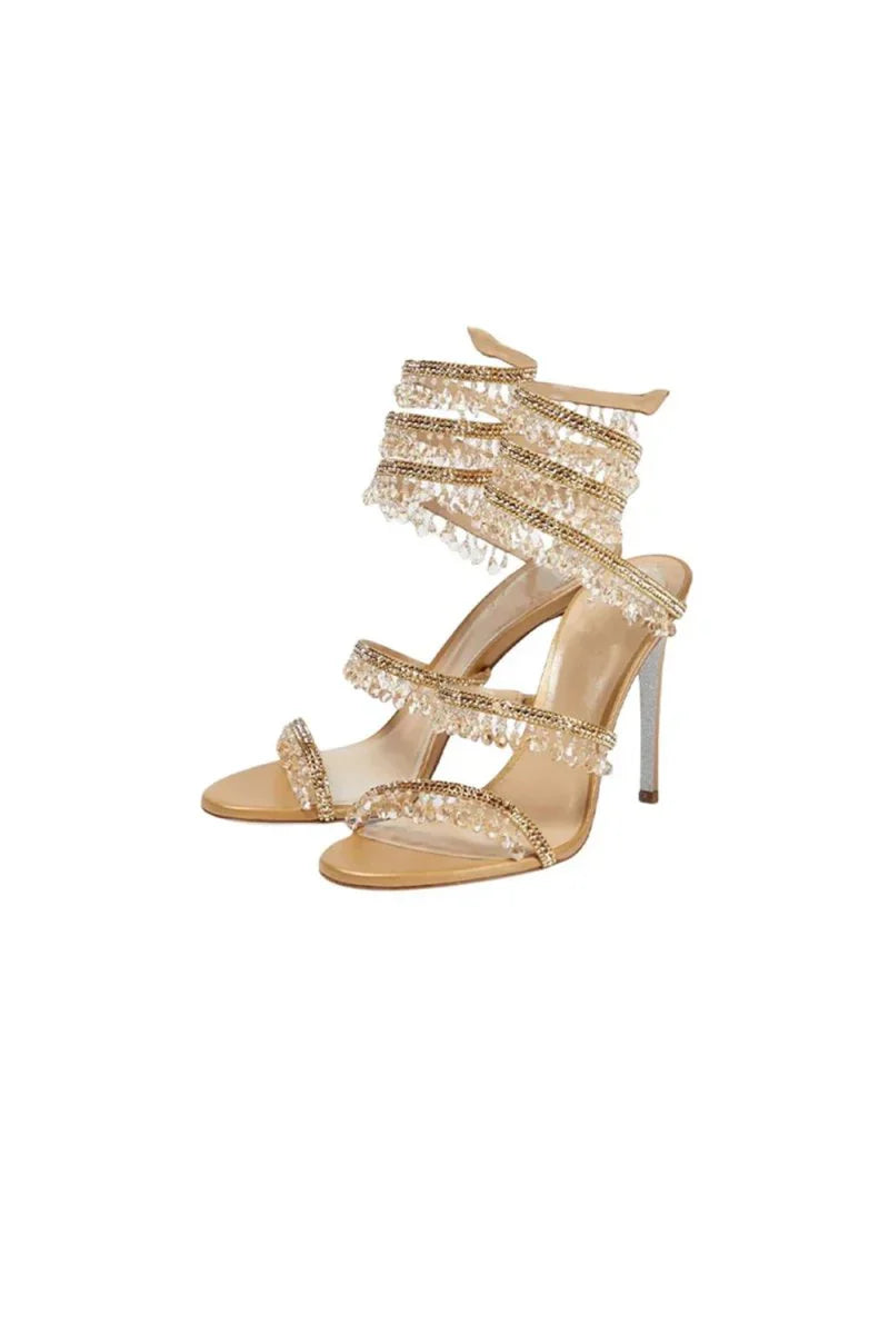 Open Toe Ankle Wrap Beaded Crystal Stiletto Heels