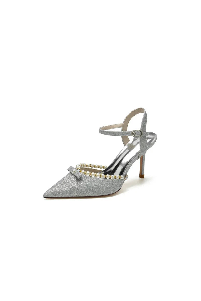 Pointed Toe Pearl Glitter Wedding Shoes With Bow