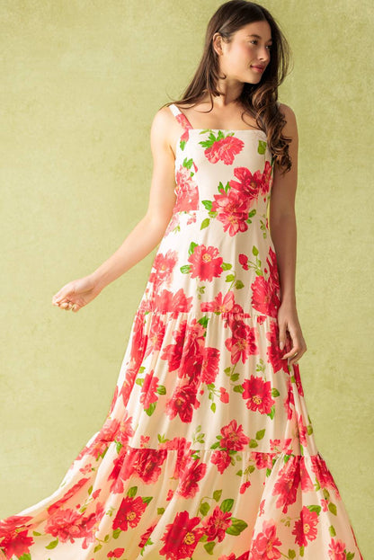 CRIMSON BLOOMS RED FLORAL MAXI DRESS