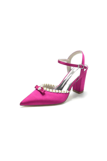 Pearl Pointed Toe Ankle Strap Chunky Heels With Bow
