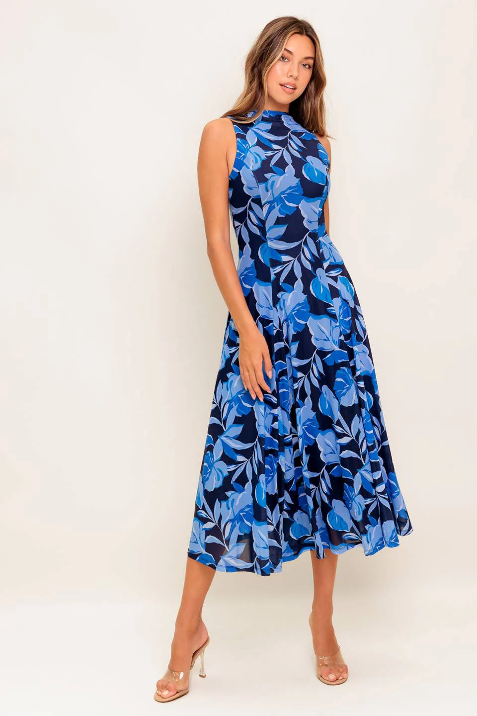 PALMER POWER MESH PRINTED MIDI DRESS BLUE