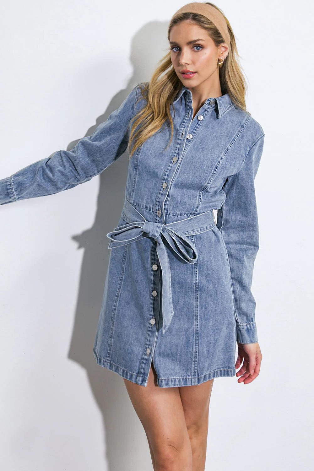 BE A LIGHT LONG SLEEVE DENIM MINI SHIRT DRESS