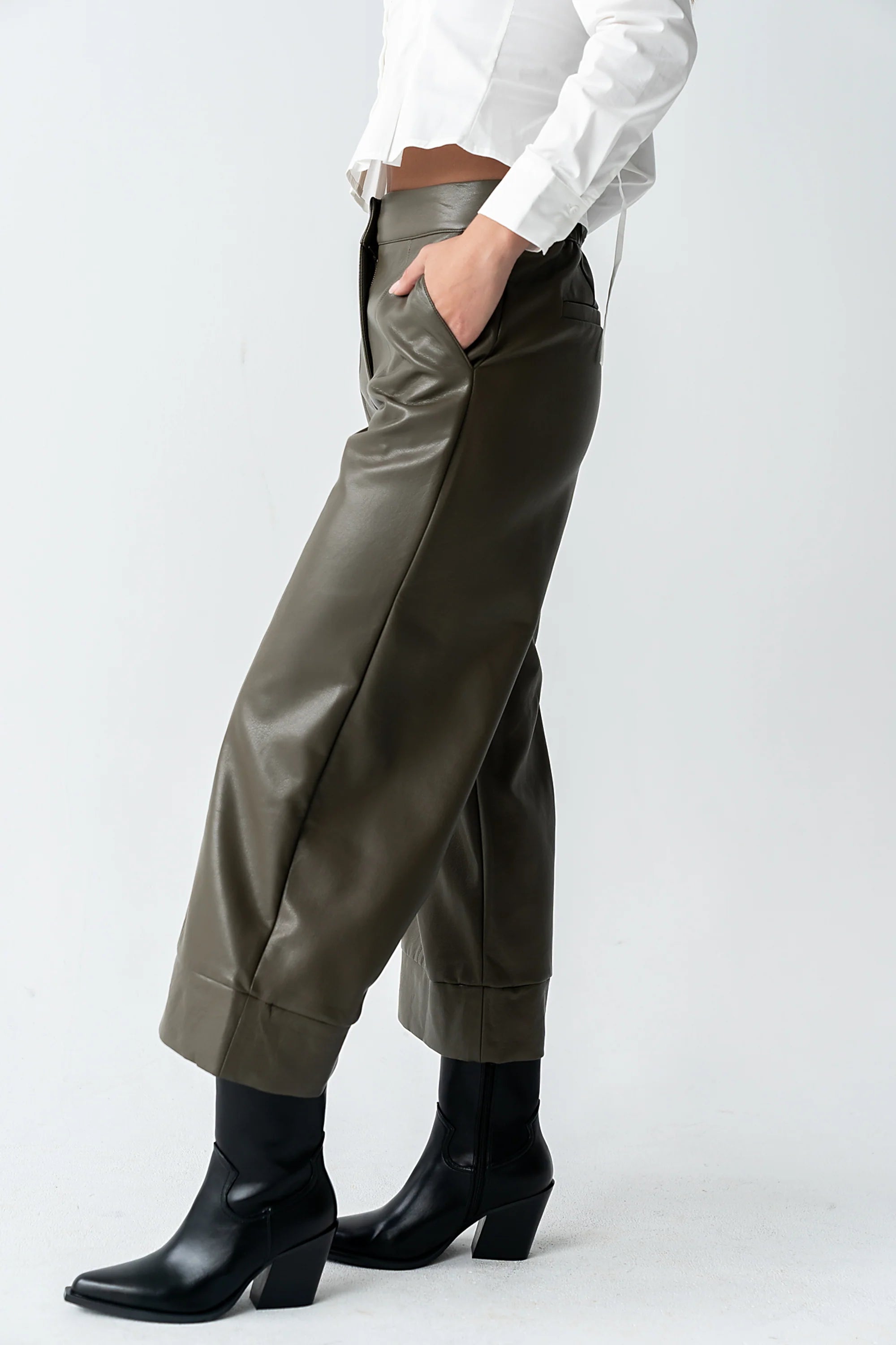 Ulani Vegan Leather Pants in Olive FINAL SALE