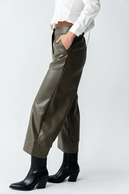 Ulani Vegan Leather Pants in Olive FINAL SALE
