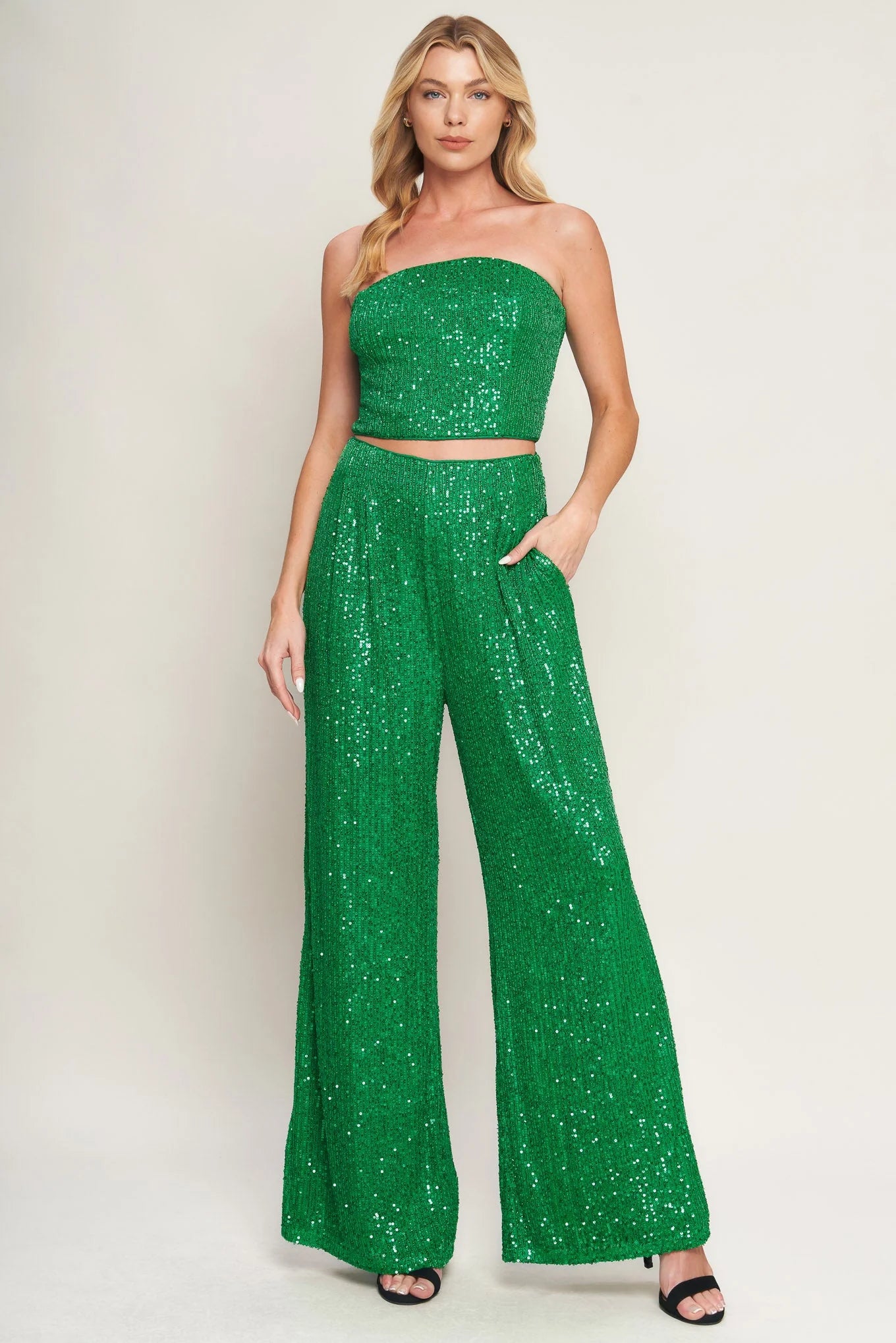 CHARMING COMPOSURE SEQUIN CROP TOP PANT SET