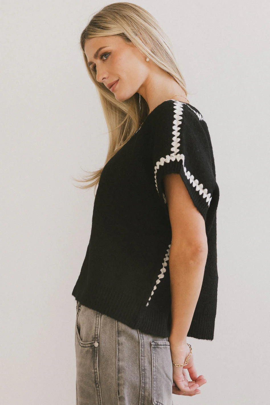 Hazel Embroidered Sweater Top in Black FINAL SALE