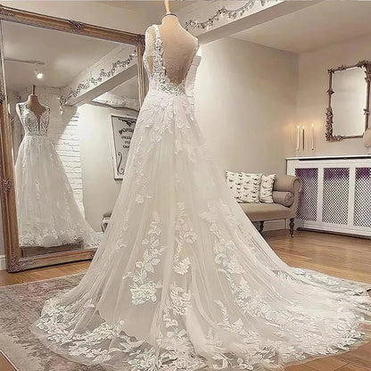 A Line Bohemian 3D Floral Backless Wedding Dress