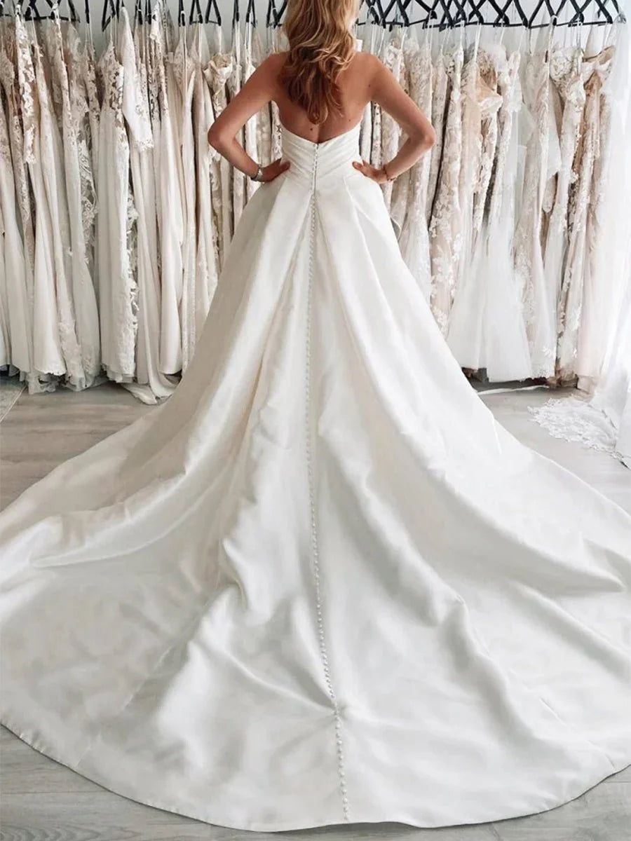 White Satin Long A Line Wedding Dress with Slit