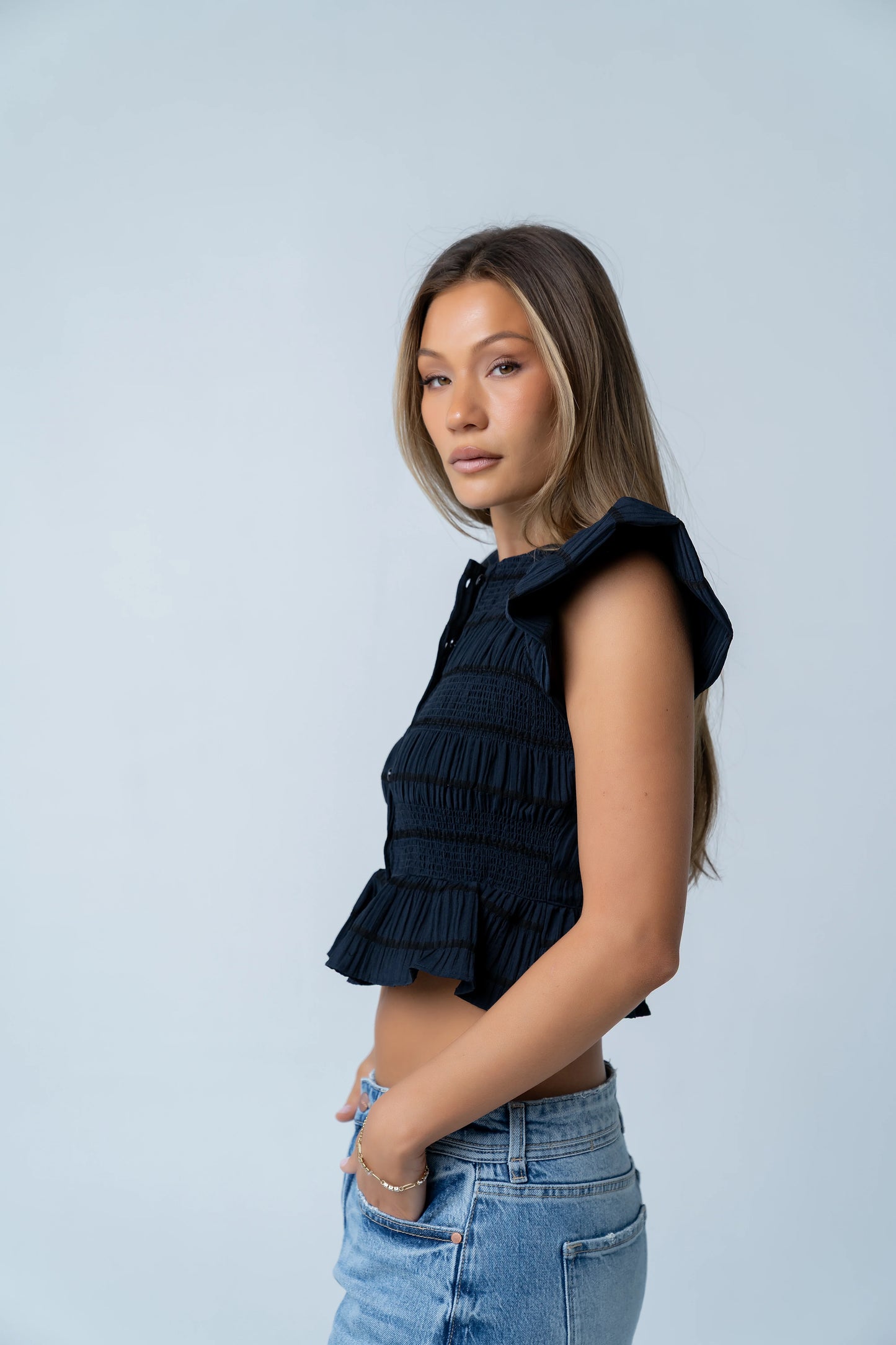 Holly Smocked Blouse in Navy