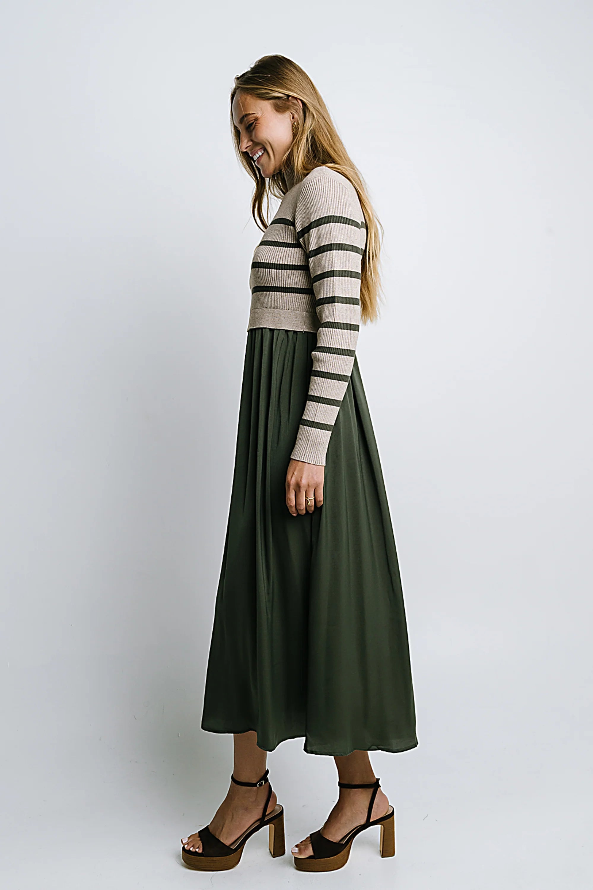 Zeda Midi Dress in Olive Stripe