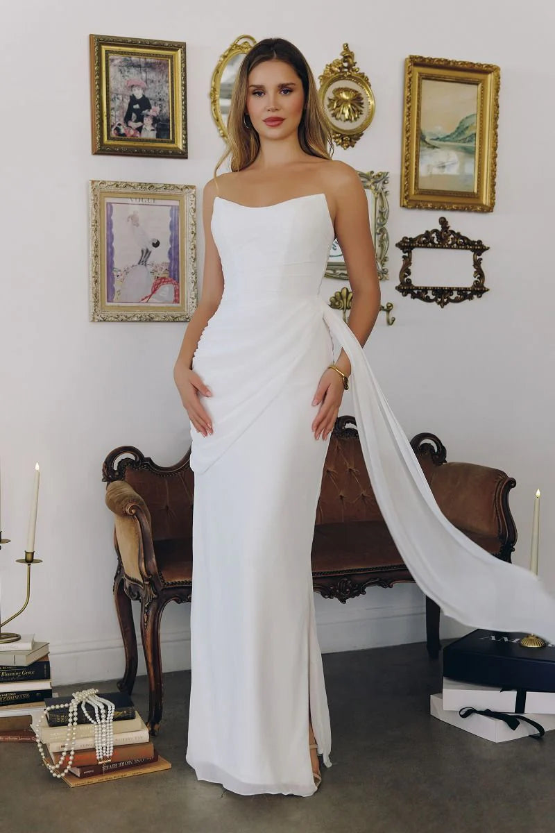 Skyler Gown Off White Strapless Draped Chiffon Dress