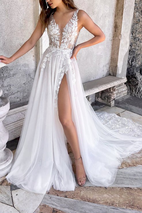 Attractive Illusion Deep V Neck Lace Appliques Boho Wedding Dress with Slit