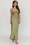 Paula Maxi Dress Olive Green Satin Slip Dress