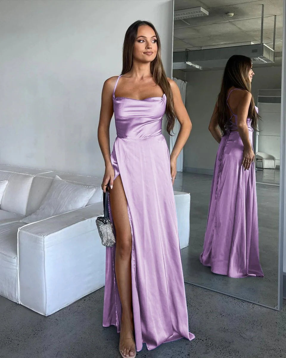 A Line Cowl Neck Blue Silk Satin Bridesmaid Dresses with Slit