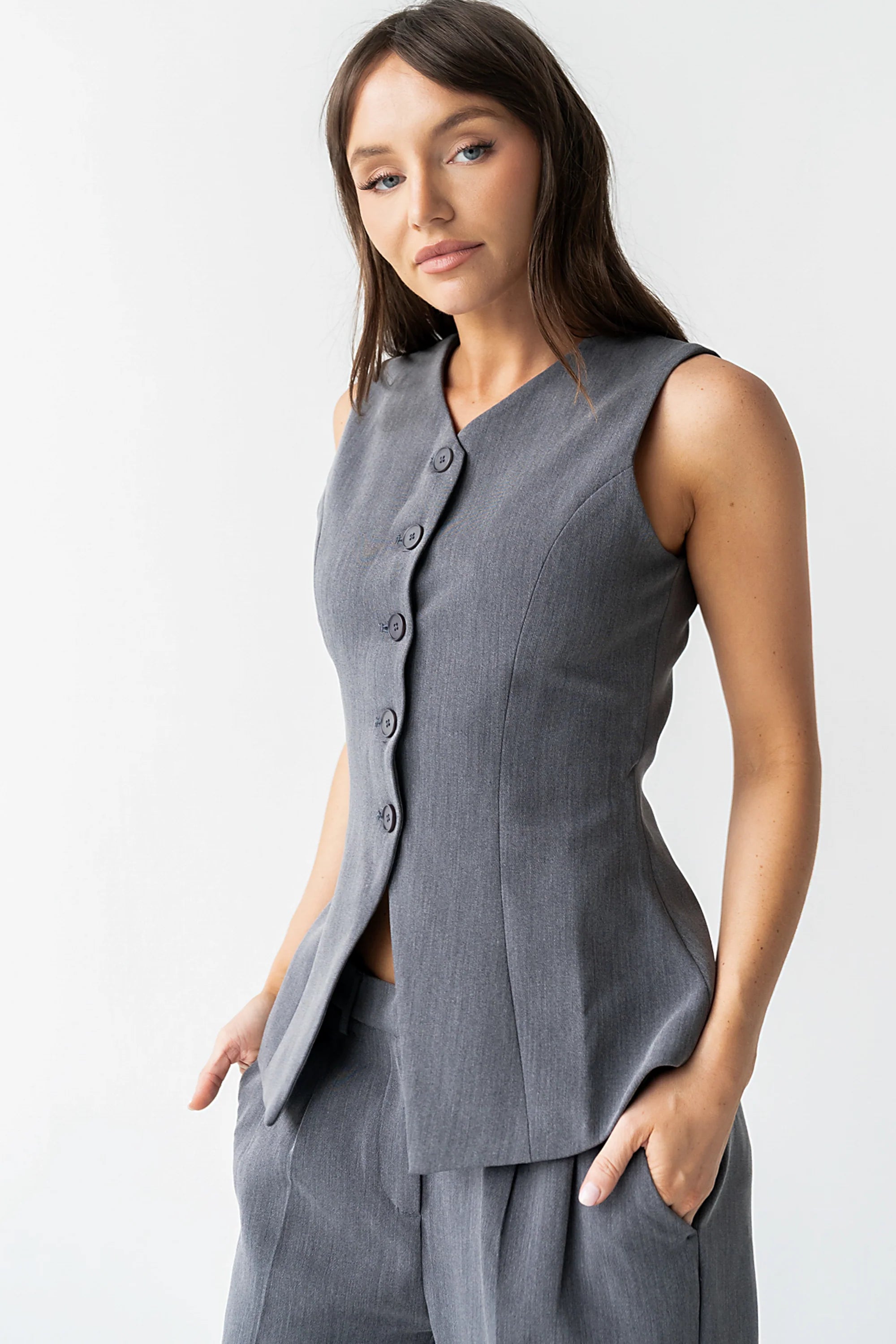 Carrie Button Up Vest in Charcoal