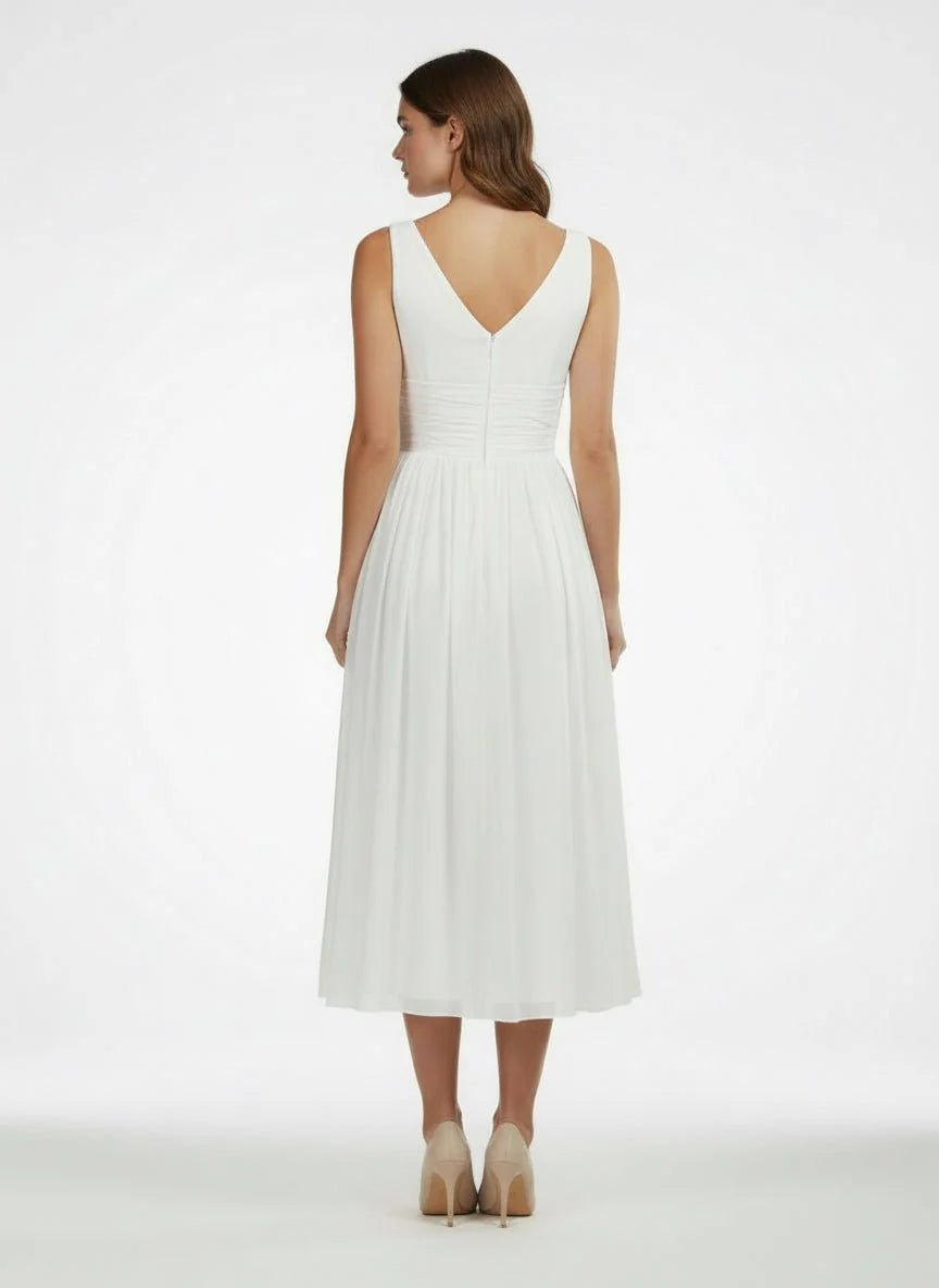 V Neck Sleeveless Tea Length Chiffon Wedding Dress With Ruching And Low V Back
