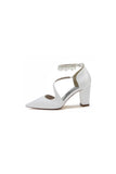 White Satin Heels with Cross Strap Design and Pearl Accented Buckle