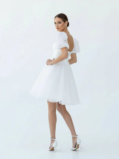 A Line Square Neck Short Wedding Dress With Puffy Pearls Sleeves