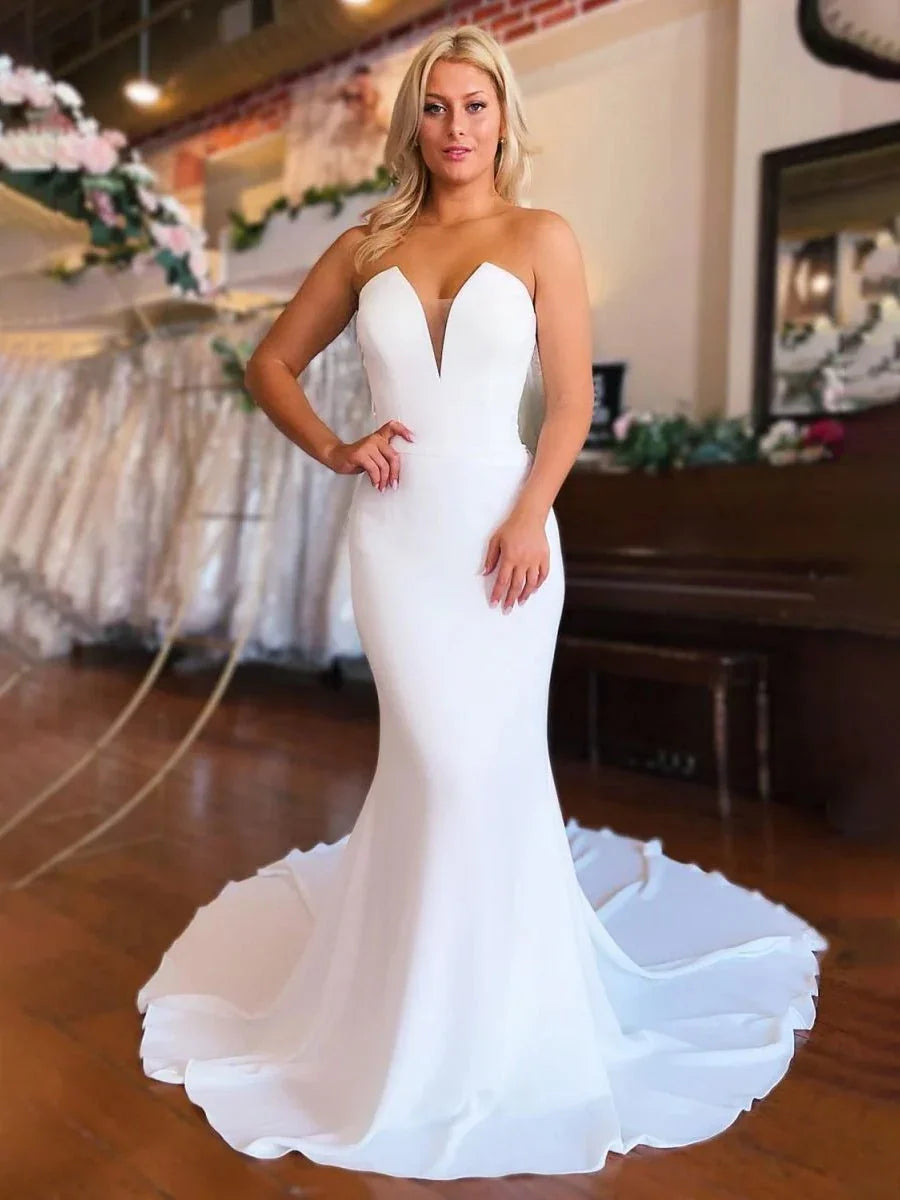 Simple White Boho Mermaid Satin Long Sleeveless Wedding Dress