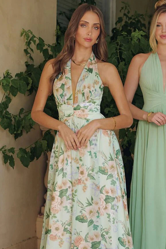 CHEYENNE GOWN SAGE FLORAL CHIFFON HALTER DRESS