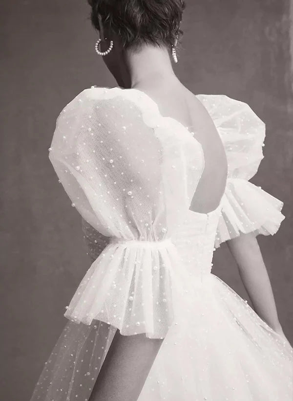 Pearl Short Reception Wedding Dresses With Bubble Sleeves